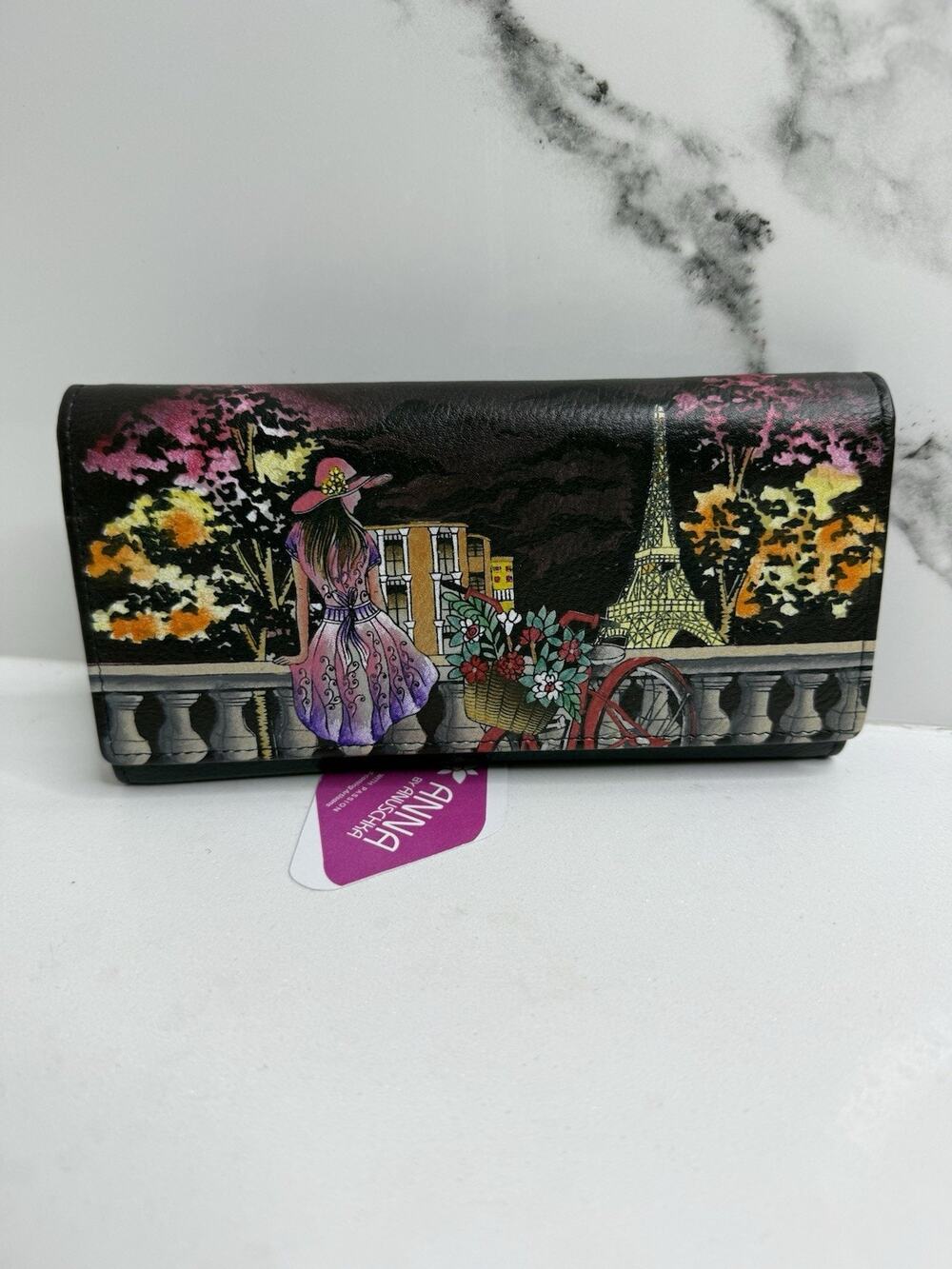 ANNA by ANUSCHKA Leather Hand Painted Signed Wallet “Paris At Night “ Art